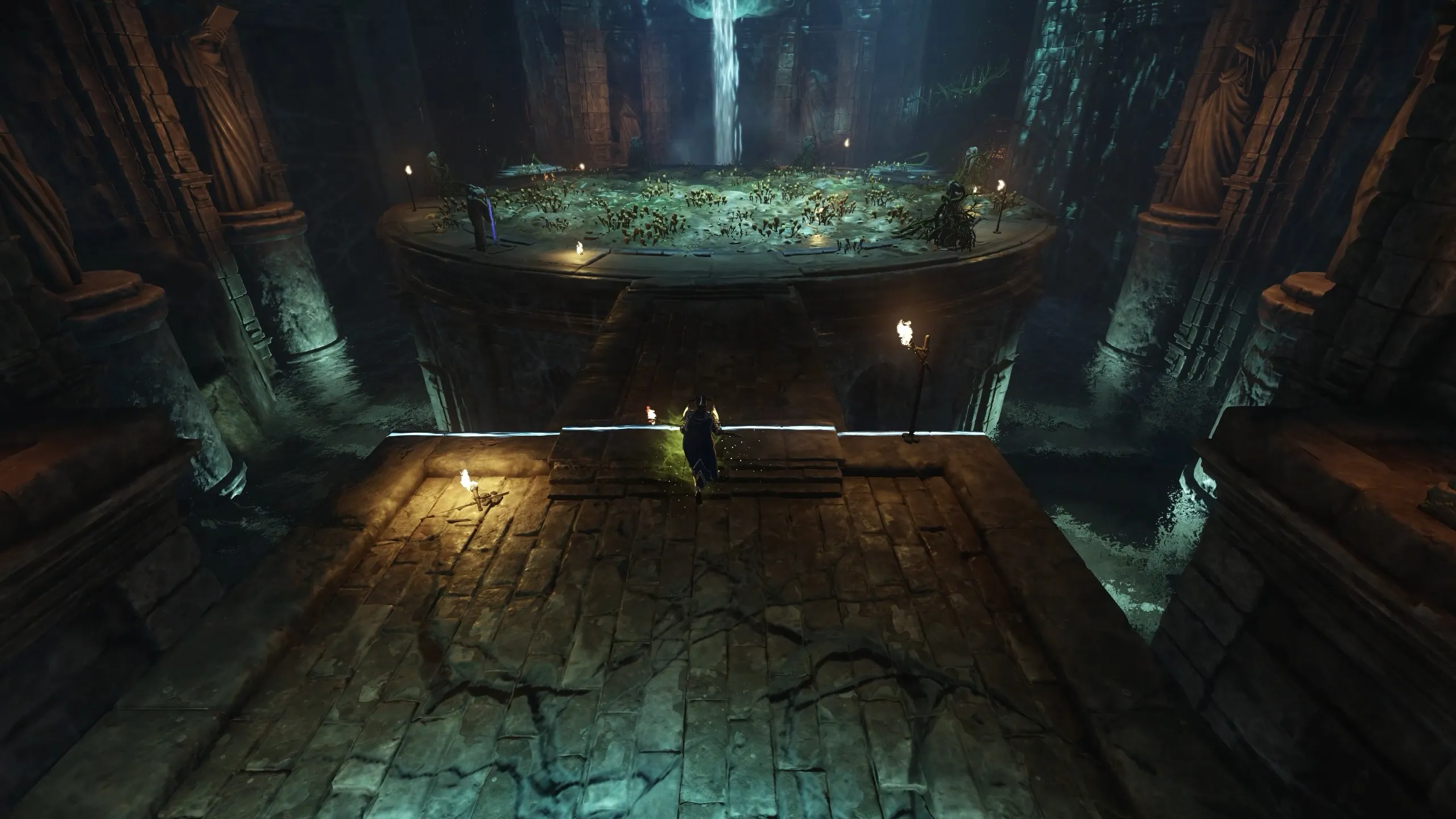 Circular mushroom arena with cleansing fountains