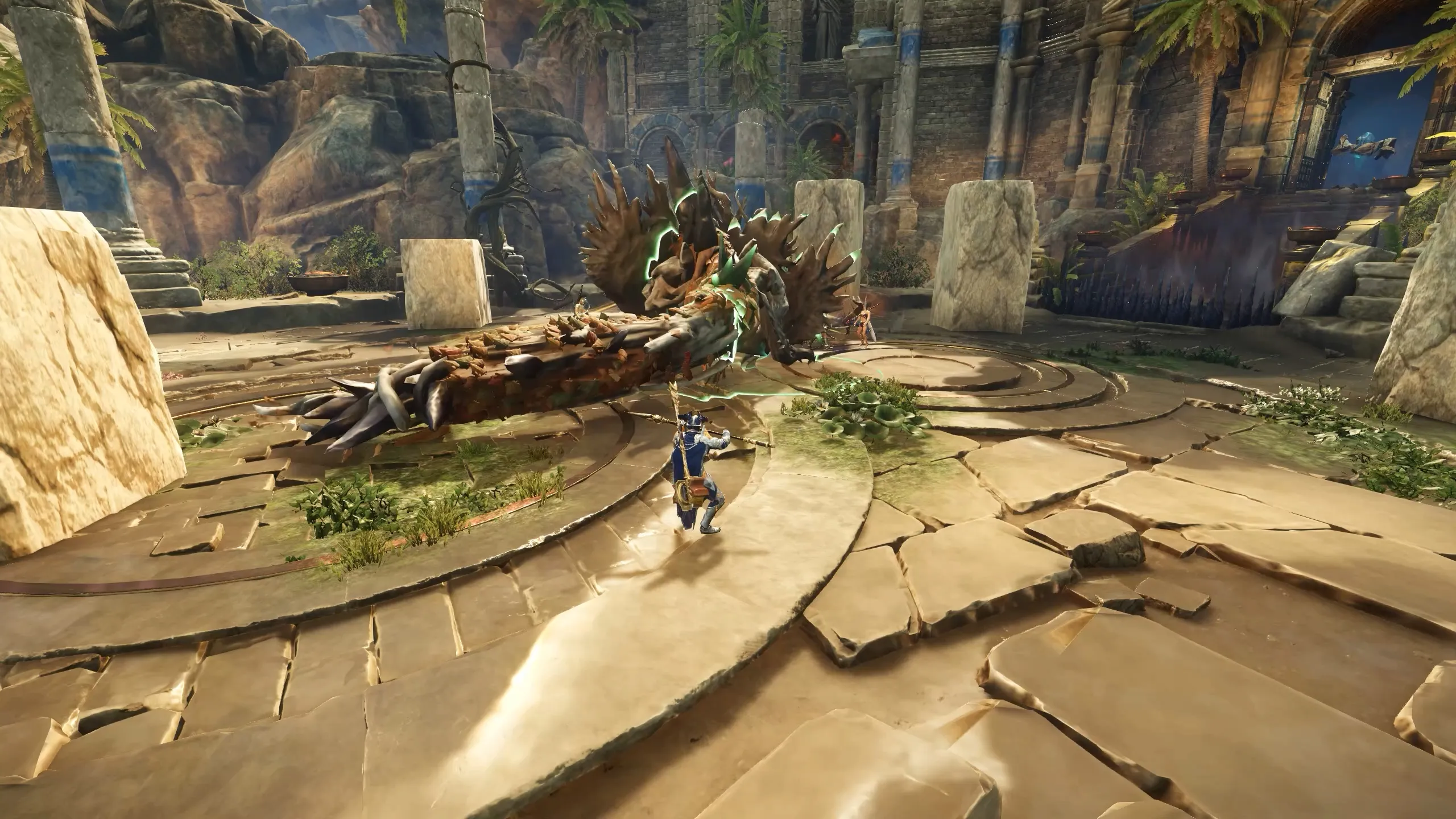 Echidna performing a wide tail swipe attack in the arena
