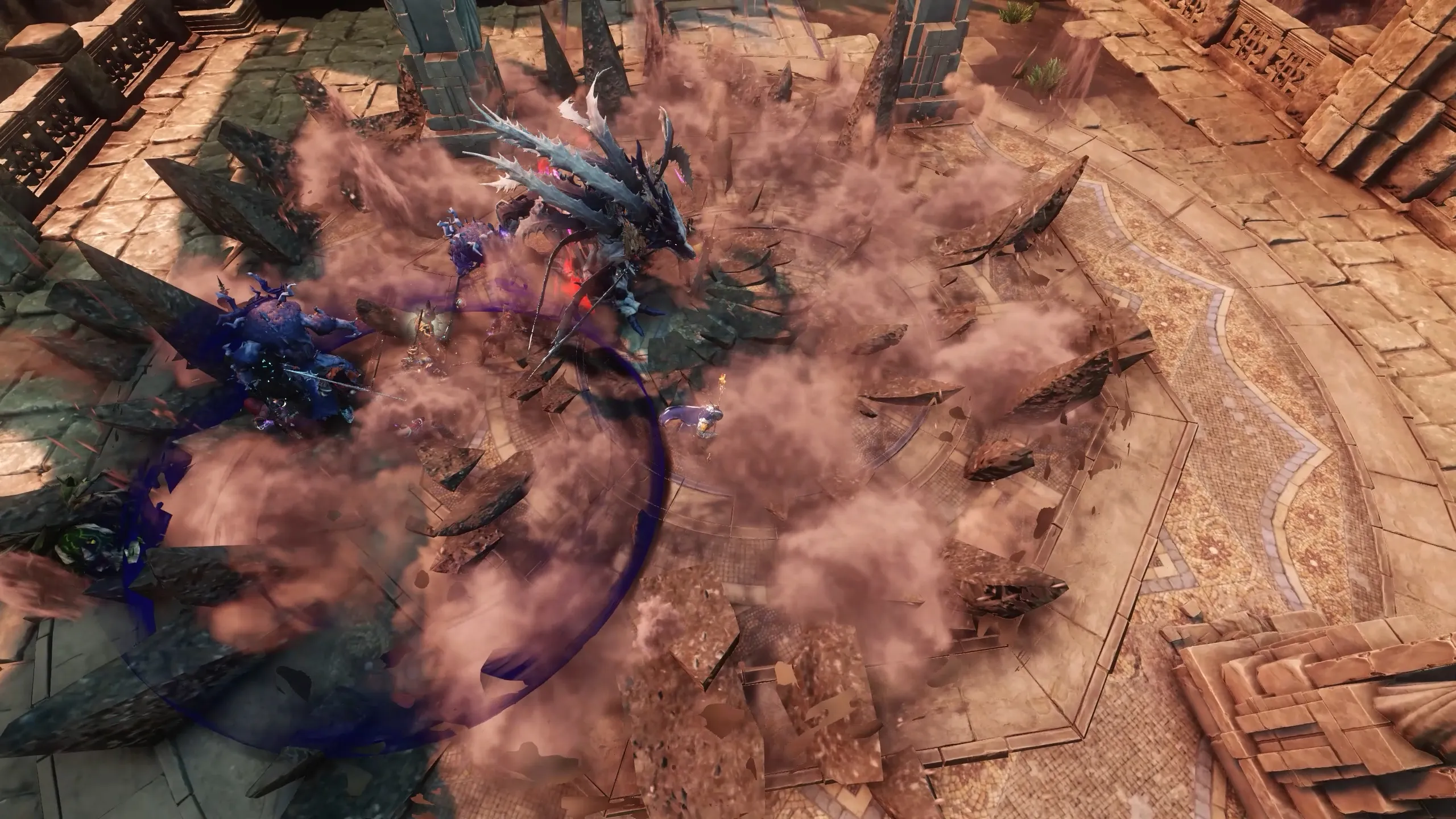 Typhon slamming into the arena and releasing shockwave rock waves